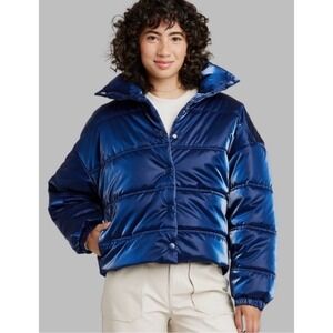 Wild Fable Women's Iridescent Shine Duvet Snap Puffer Jacket Blue Size XL, NWT